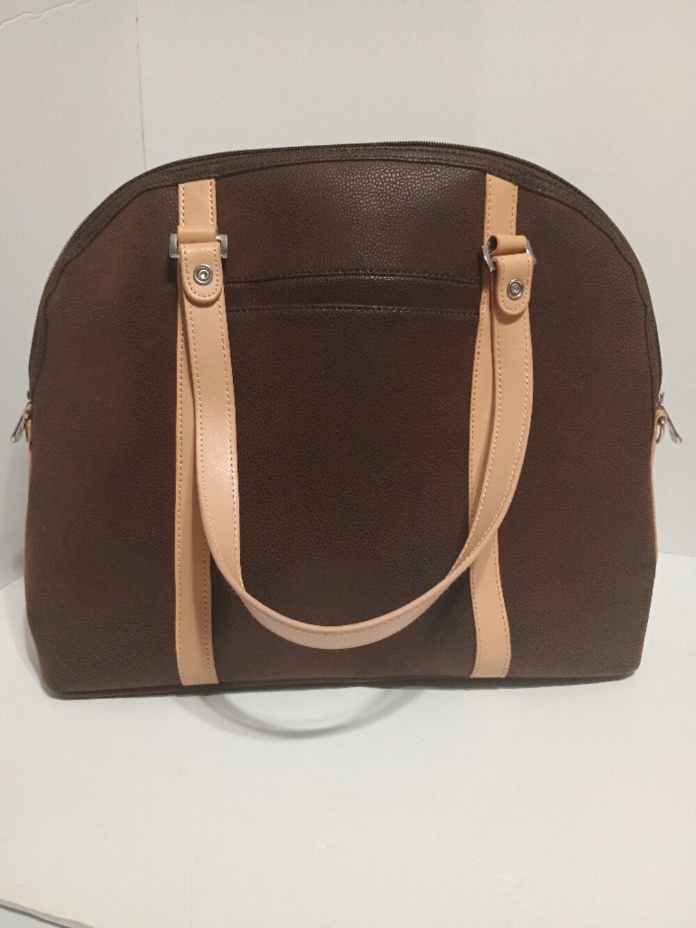 JM New York Brown Pebbled Faux Leather Large Dome Tote Shoulder Bag Beige Trim - Picture 3 of 11